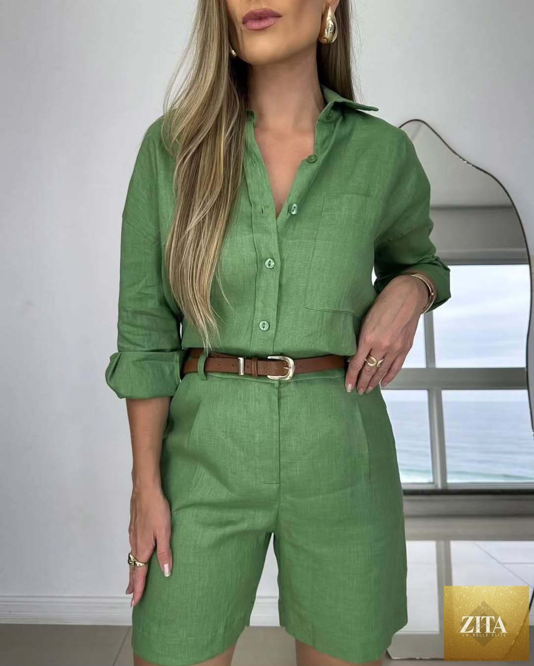 Women's casual cotton long-sleeve shirt and shorts set by Zita La Belle Elite, comfortable and stylish for everyday wear.
