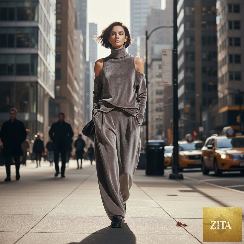 Women's Korean velvet long sleeve top and matching pants set in casualwear style, by FitiqueFit, shown on a model.