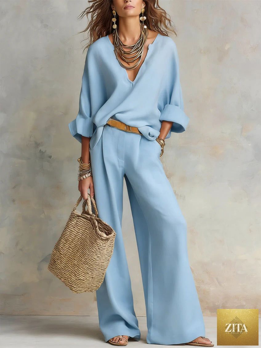 Zita La Belle Elite women's casual linen vacation set with three-quarter sleeve top and full-length pants in soft, breathable fabric.