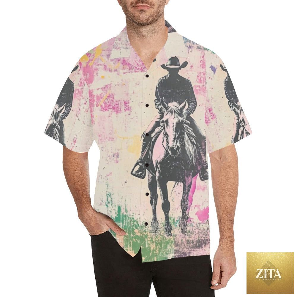 Retro Pop Western Trail Ride men's camp T-shirt by Baha Ranch Western Wear featuring vintage western-inspired design.