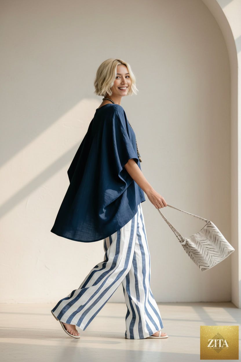Women's striped batwing-sleeve loose linen two-piece set by Zita La Belle Elite, casualwear with relaxed fit and stylish design.