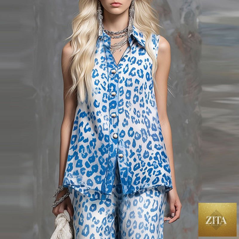 Zita La Belle Elite loose-fit leopard-print sleeveless shirt and trousers casualwear two-piece set displayed on a model.