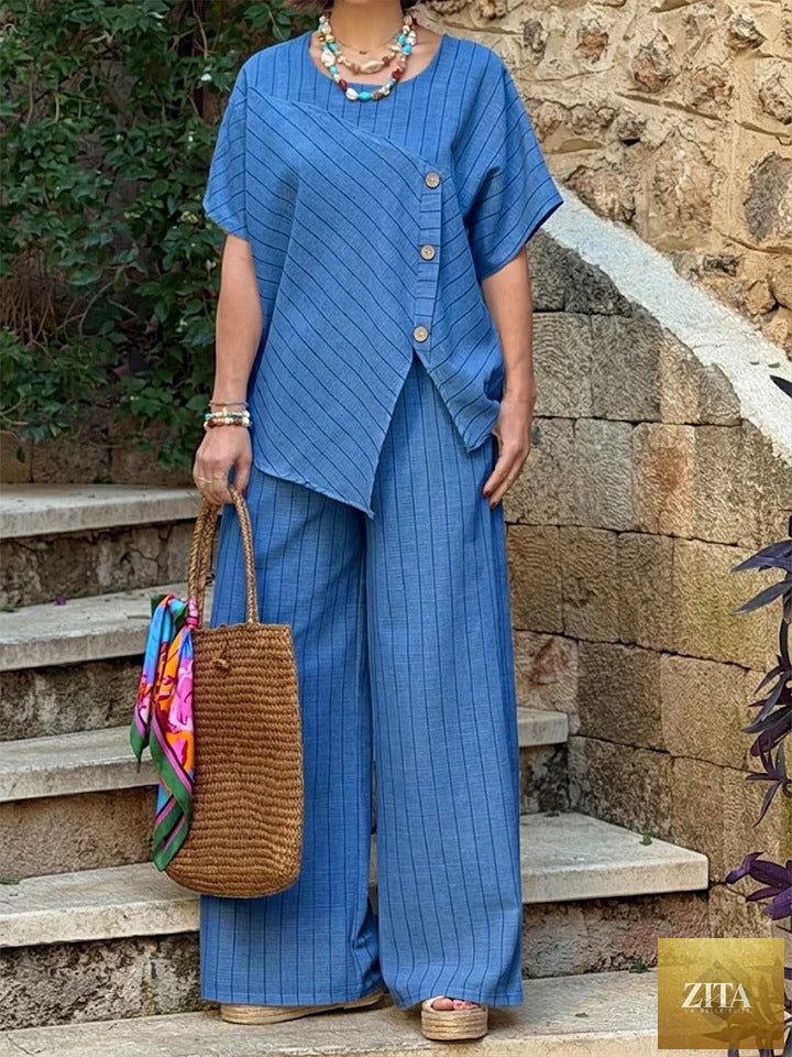 Zita La Belle Elite striped shirt and loose pants set with three-quarter sleeves, casualwear, stylish and comfortable for everyday wear.
