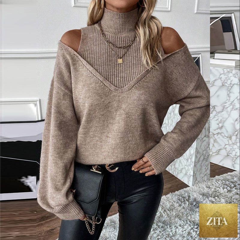 Women's off-shoulder turtleneck sweater by FitiqueFit, long sleeve knit top, elegant casualwear in a cozy, stylish design.