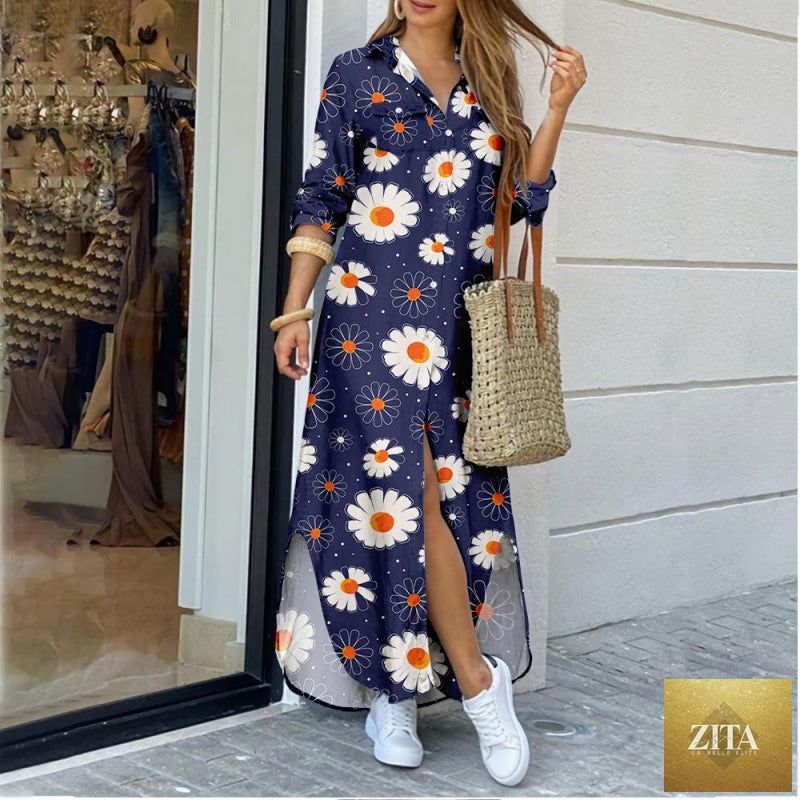 Women's floral print long shirt dress with lapel collar, midi length, relaxed fit by Zita La Belle Elite.