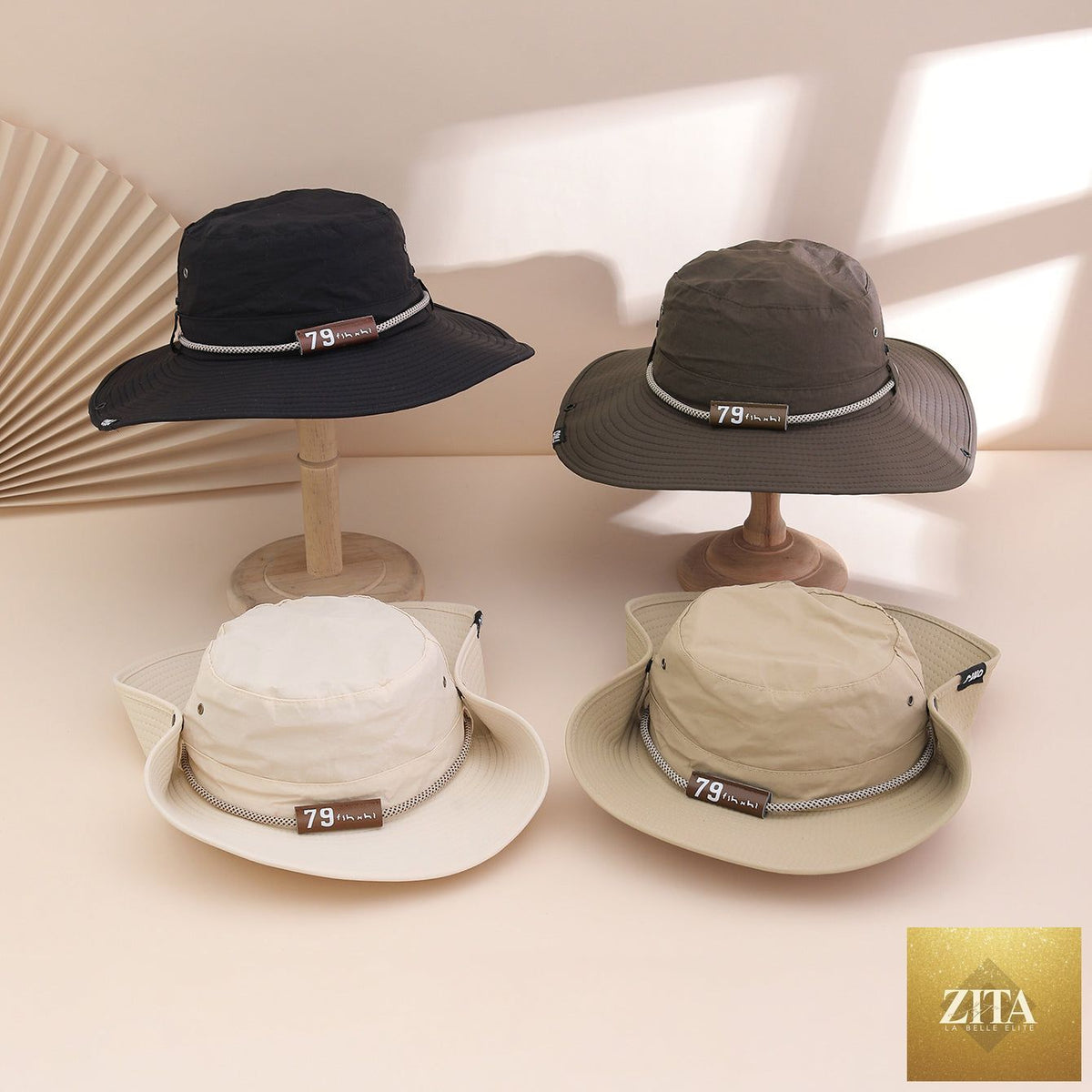 Wide-brim leather patch fisherman hat by Zita La Belle Elite, featuring UV sun protection and outdoor-ready design.