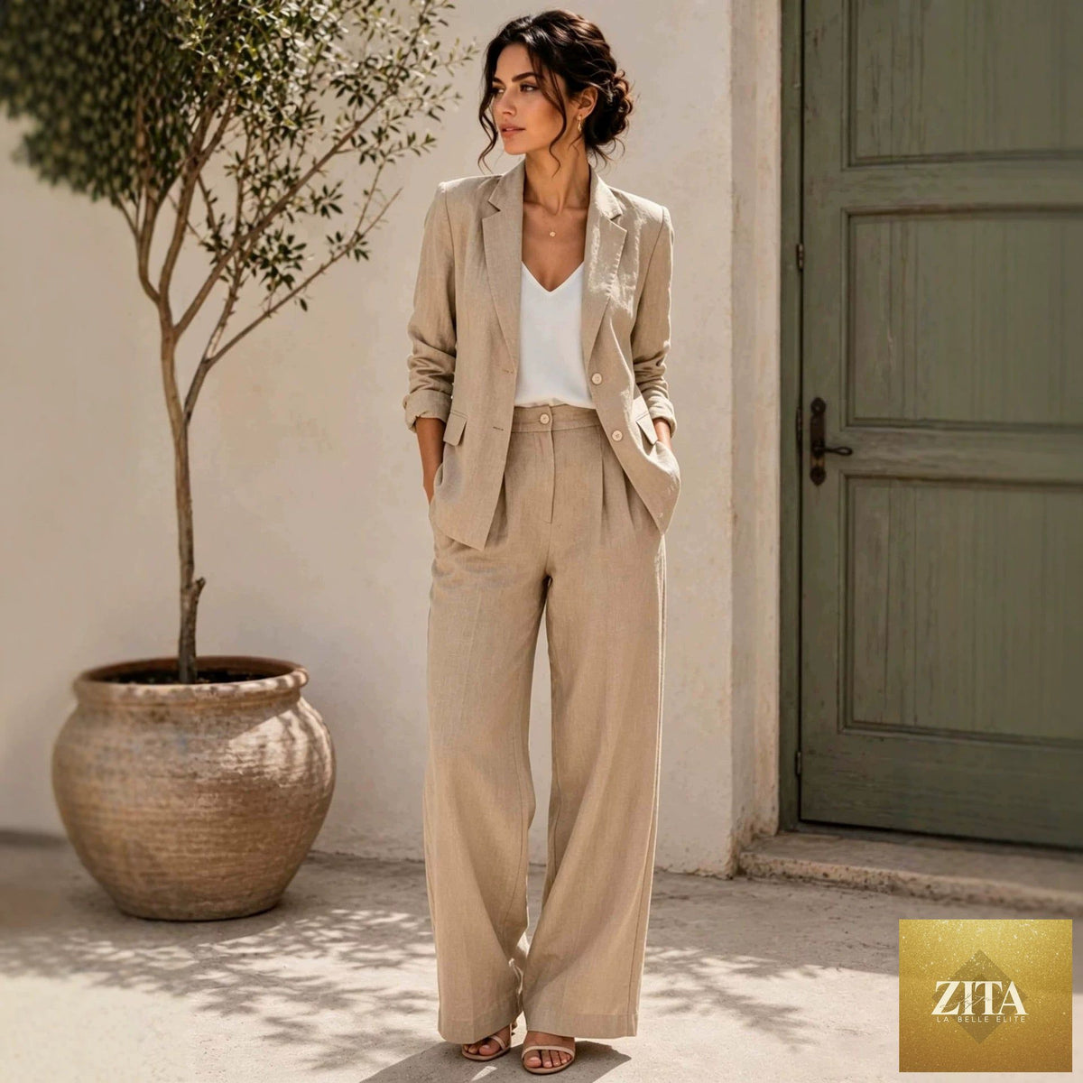 Women's Linen-Look Oversized Double-Breasted Blazer & Wide-Leg Pleated Trouser Suit Set