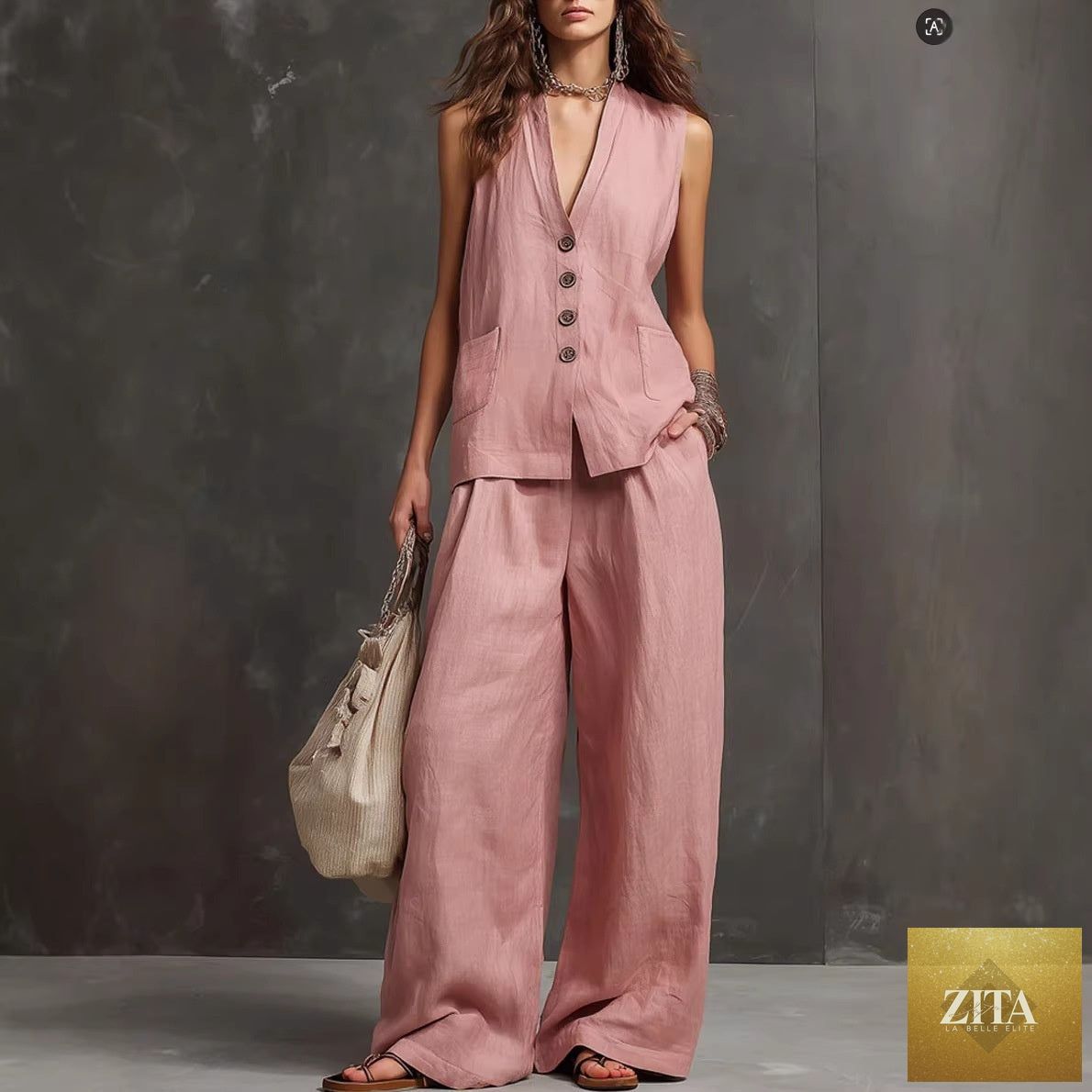 Zita La Belle Elite women's sleeveless vest and wide-leg pants two-piece casualwear set in various colors, styled on a model.