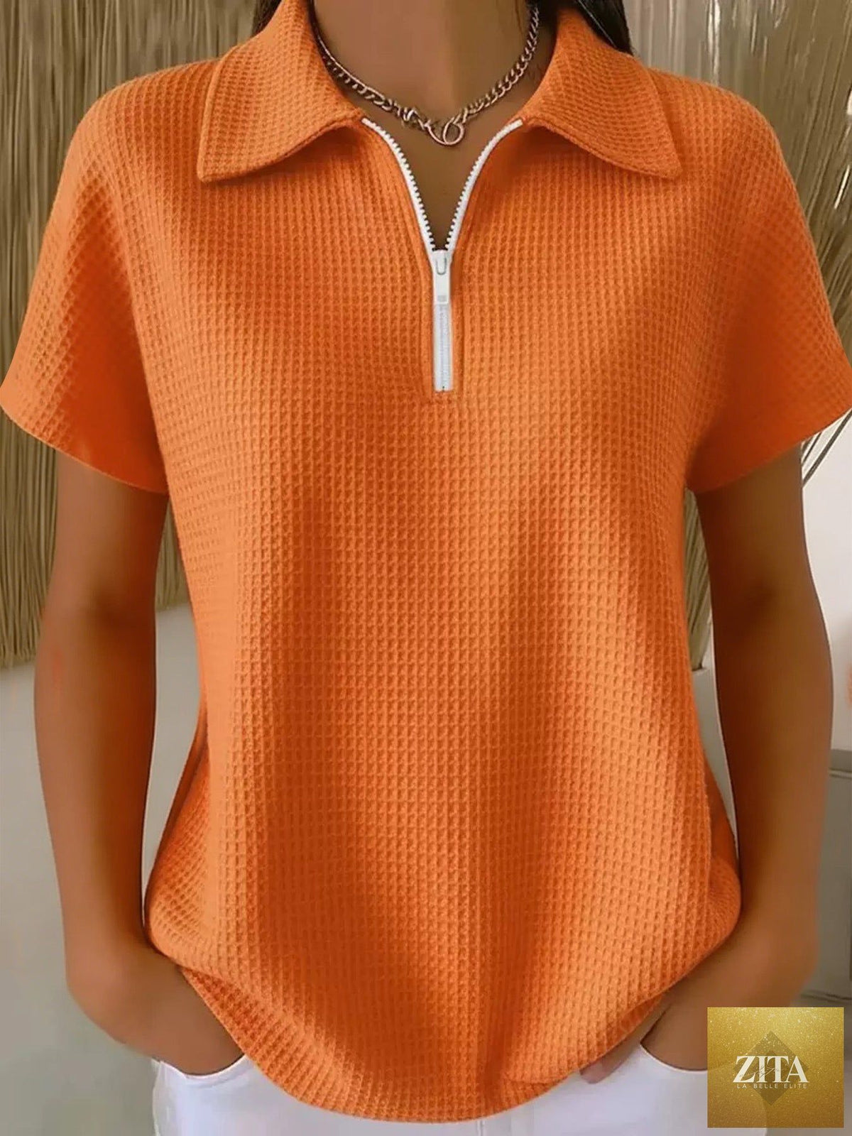 Zita La Belle Elite drop shoulder waffle knit top with half-zip and 3/4 sleeves, casual and cozy pullover for stylish comfort.