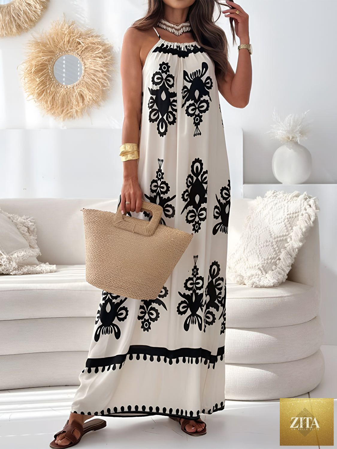 Stevvex printed spaghetti strap sleeveless maxi dress featuring an elegant summer design for women, shown in the product image.