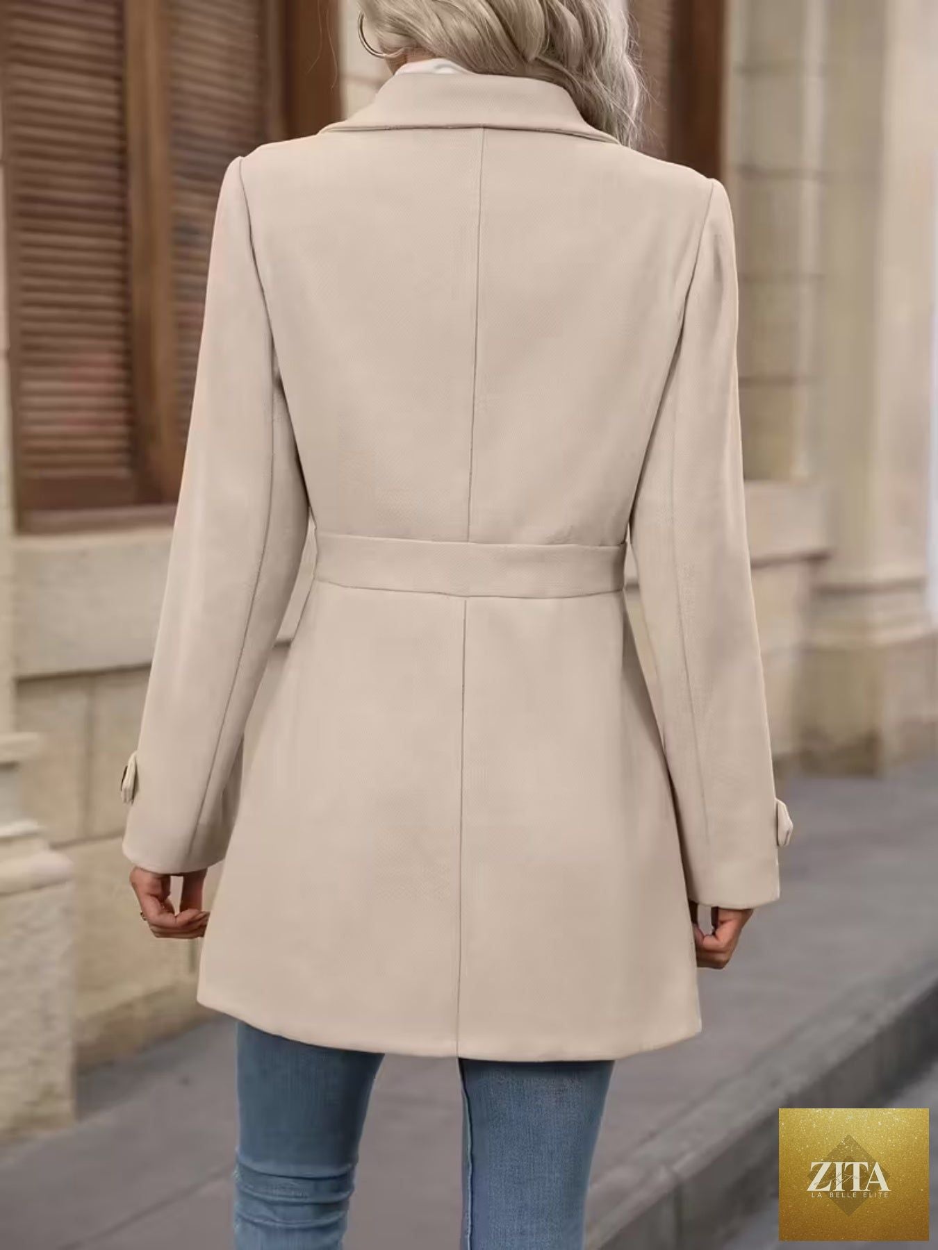 Women’s elegant woolen coat by FitiqueFit, medium-length winter coat with lapel and slim fit for stylish warmth.