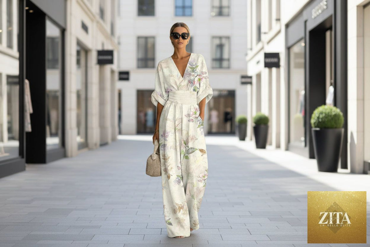 Women's waist-cinched V-neck printed wide-leg jumpsuit by Zita La Belle Elite, featuring a casual, comfortable fit and stylish design.