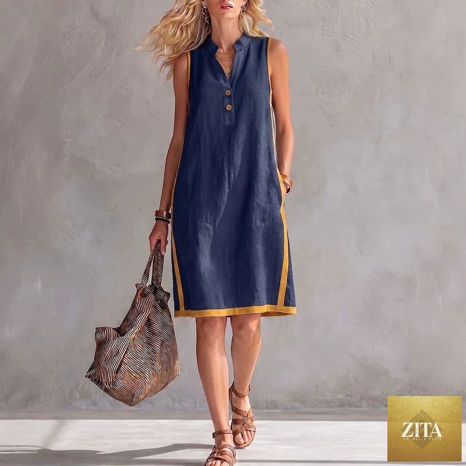 Women's sleeveless V-neck button-front A-line midi dress by FitiqueFit with side pockets, perfect for casualwear.