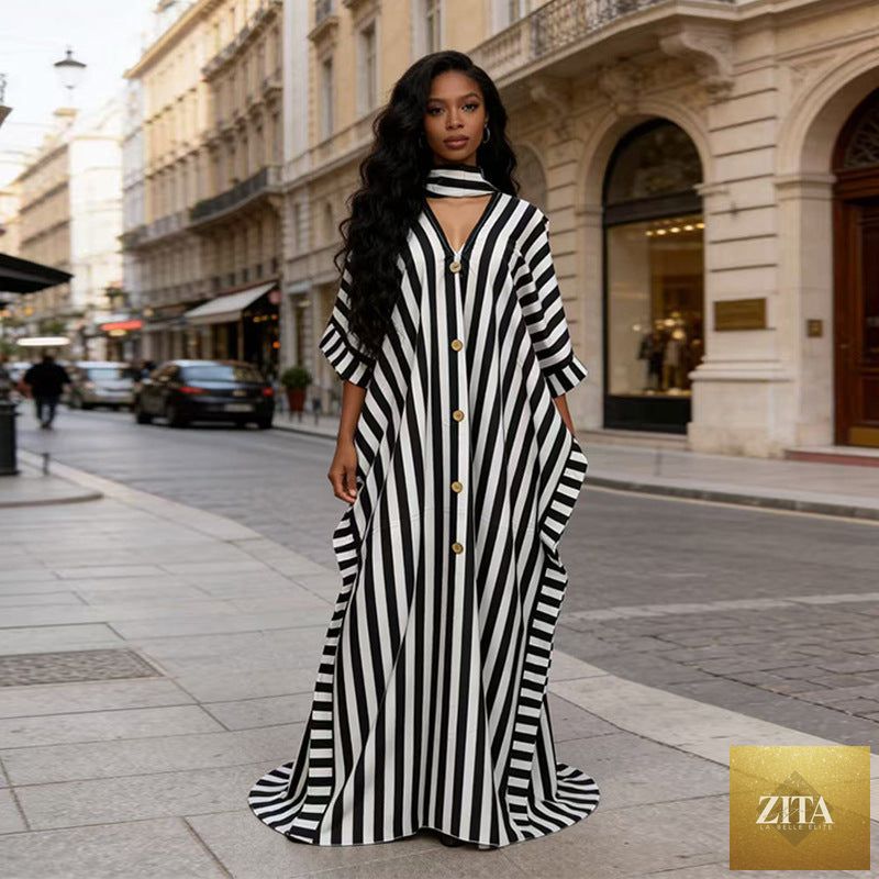 African-inspired striped loose long dress by FitiqueFit in five colors, featuring a relaxed fit and flowing design.
