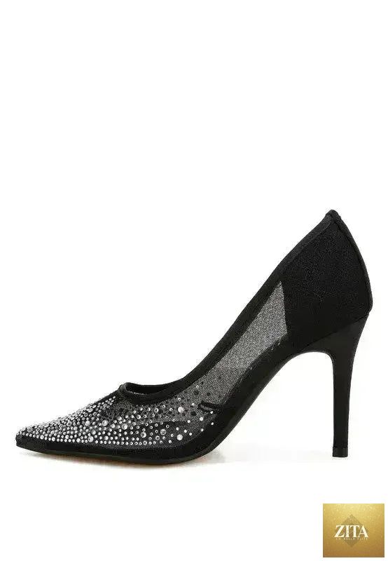 Zita La Belle Elite high ball mesh rhinestone stiletto pumps with pointed toes and sparkling embellishments on a white background