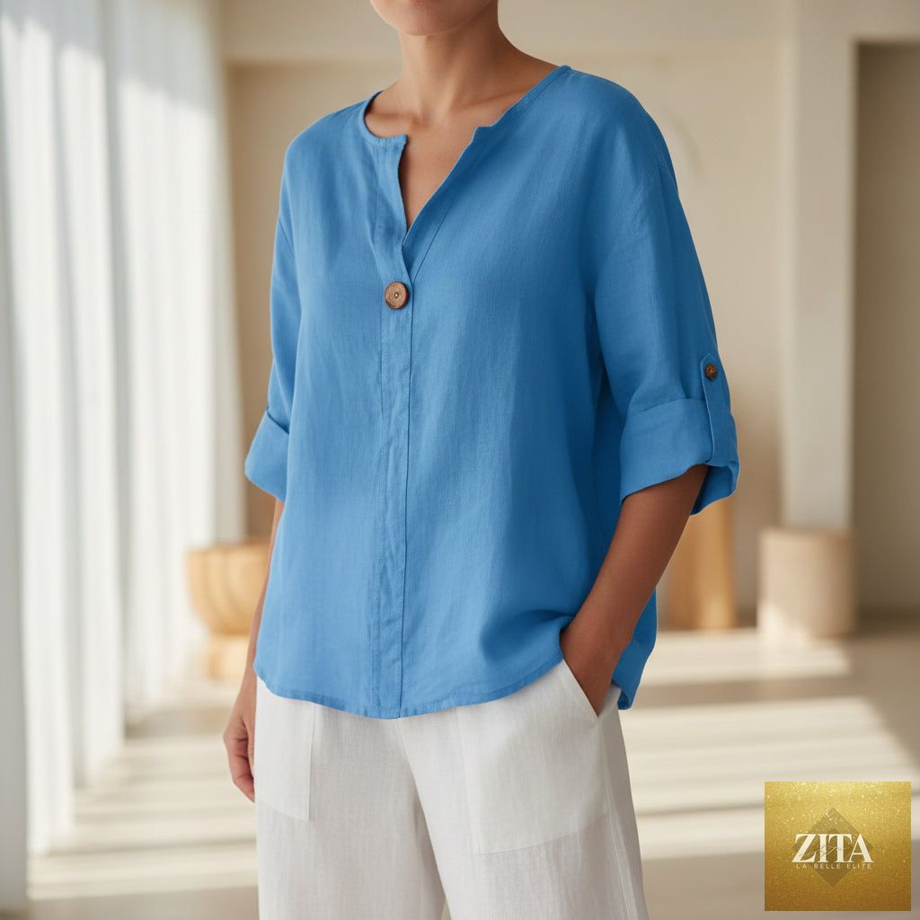 Women's V-neck long-sleeve button top by Zita La Belle Elite, loose fit casual blouse in soft fabric, shown in a relaxed fit style.