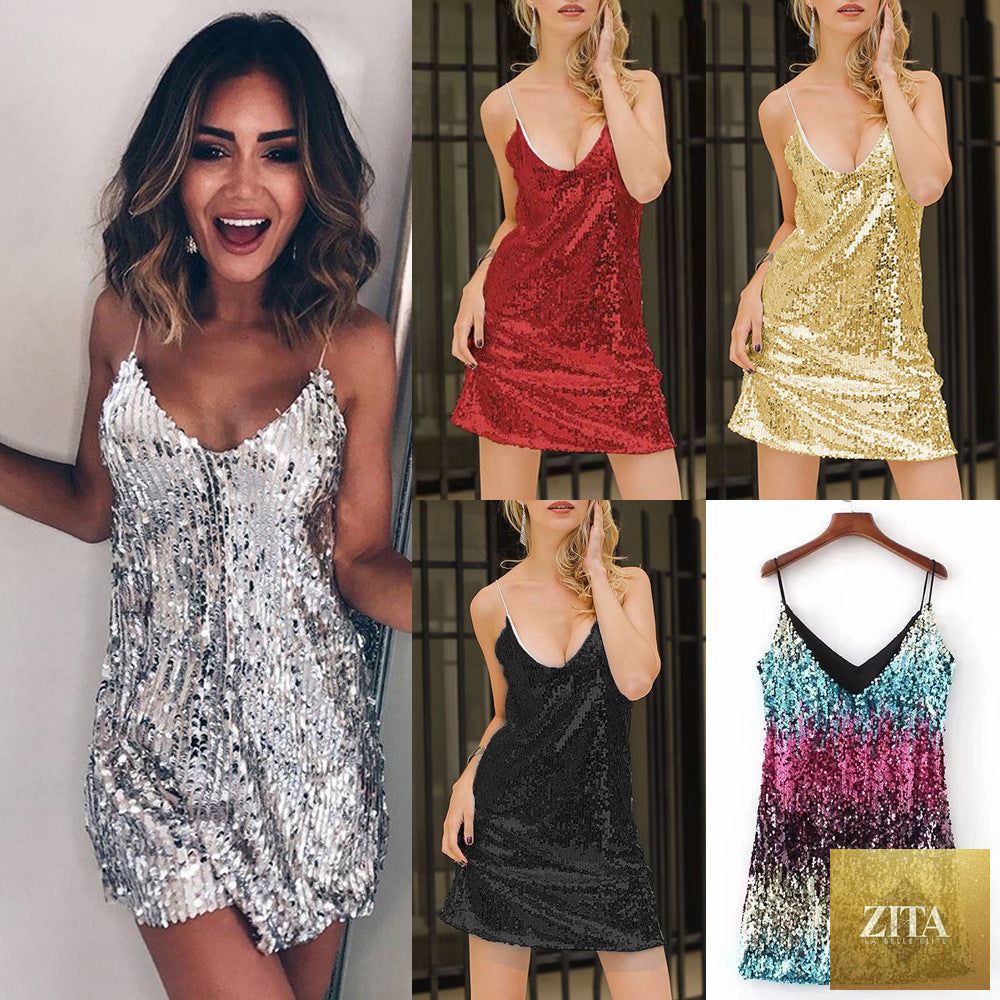 Shomicoboutique women's sparkly sequin sleeveless dress with spaghetti straps, ideal for nightclub, cocktail, or evening parties.