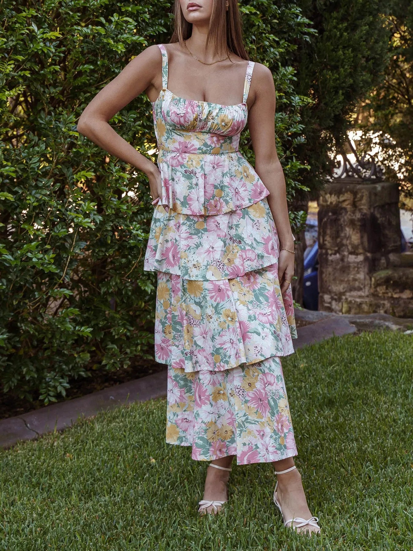 Floral layered ruffle maxi dress by Shopiebay featuring a flowing design with floral patterns and layered ruffle details.