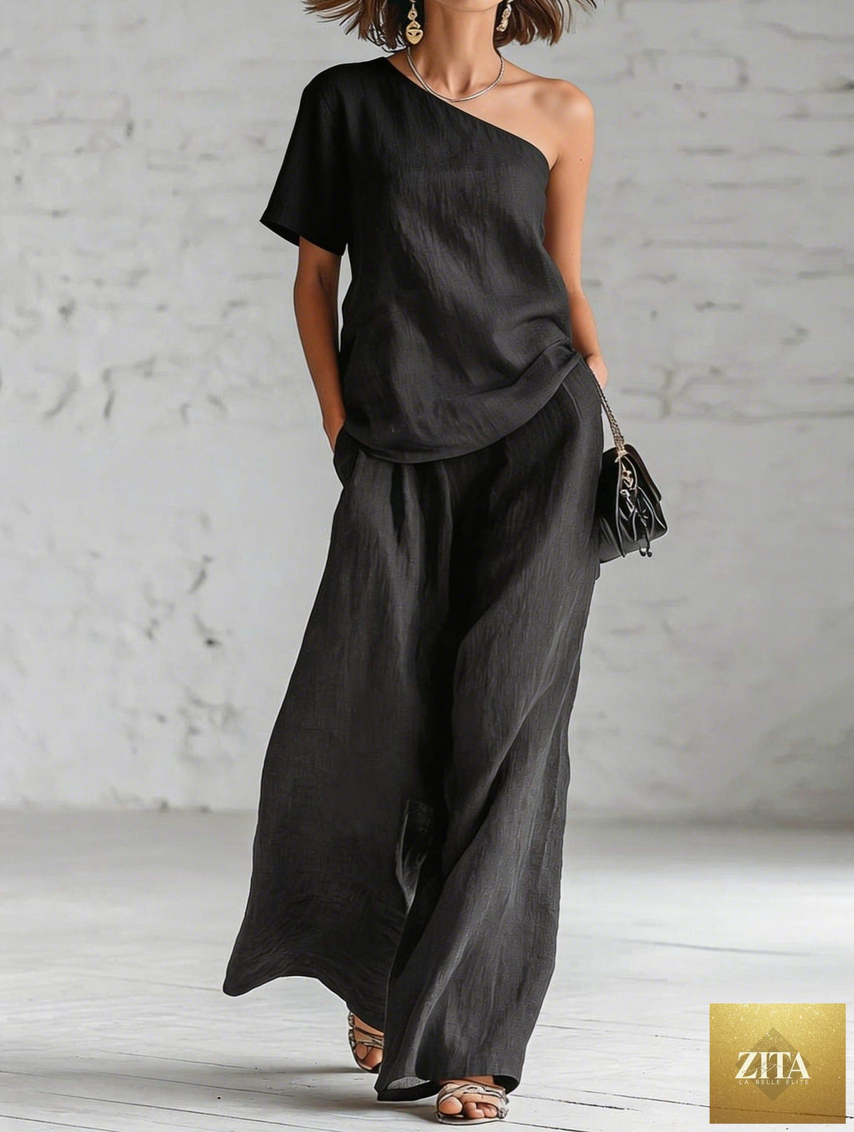 Women's wide-leg pants and top set by Zita La Belle Elite, casualwear 2-piece outfit with three-quarter sleeves, stylish and comfortable.