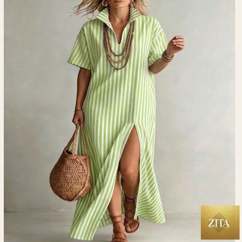 Women's striped cotton-linen maxi dress with V-neck, short sleeves, and slit, casualwear by FitiqueFit.