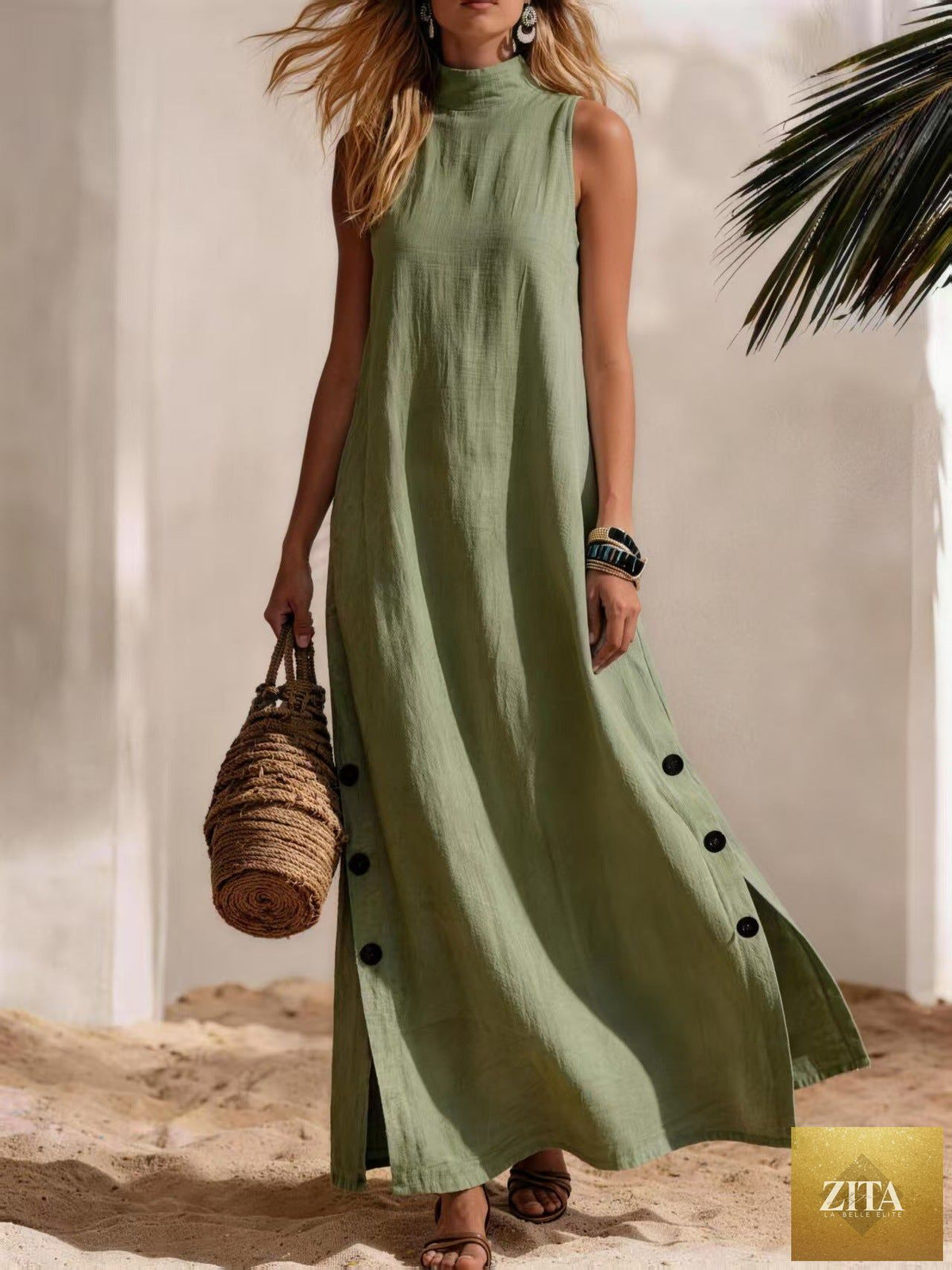 Light beige cotton linen sleeveless midi dress with side slits and loose fit from FitiqueFit, shown on a model.