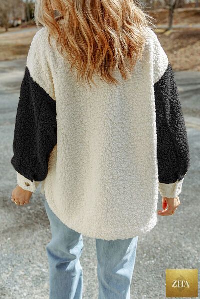 Women Stevvex cute sherpa jacket with button closure, collared neck, and retro style, showcasing cozy, stylish outerwear.