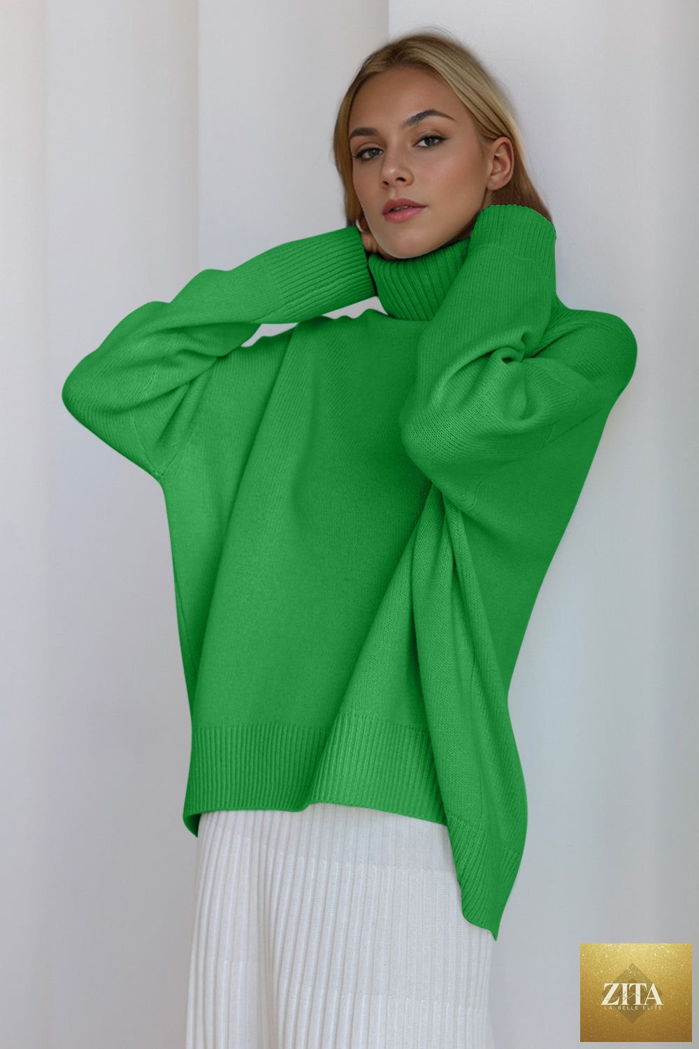 ShopBasicbae Basic Bae turtleneck sweater with dropped shoulders, long sleeves, and a cozy fit, shown in a neutral color.