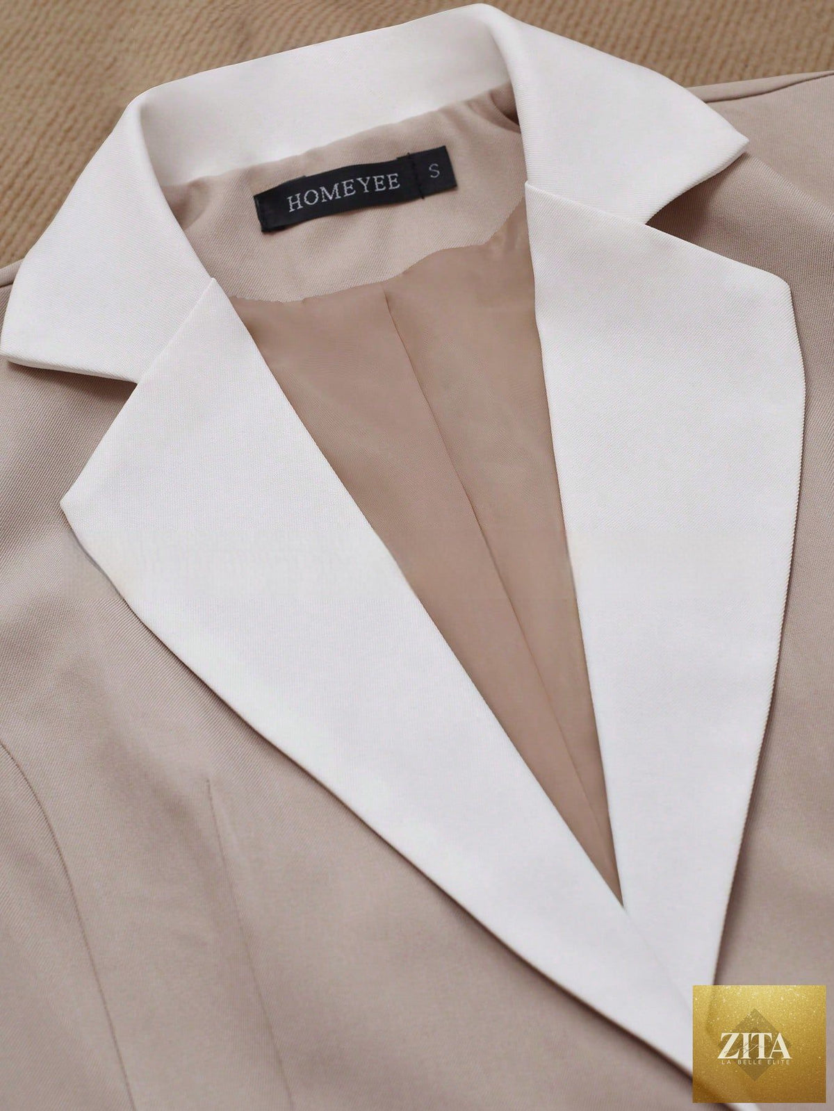 Women’s contrasting color blazer by FitiqueFit, elegant button-up formal jacket with tailored fit and stylish design.