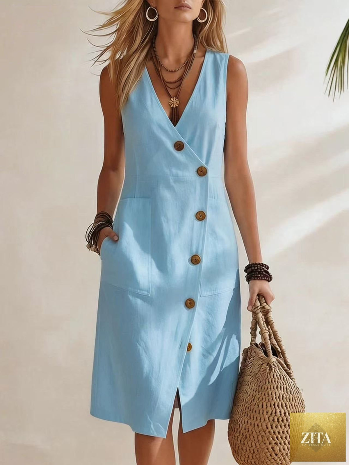 Women's FitiqueFit resort V-neck sleeveless midi dress with asymmetrical button details, casualwear style, shown on a model.