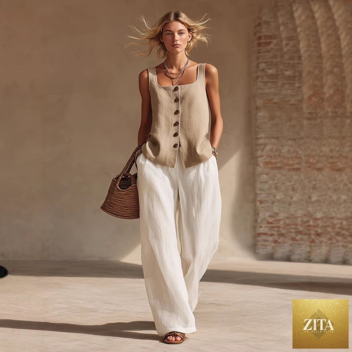 Zita La Belle Elite women's casual sleeveless cardigan, front-button top, and long pants set, stylish and comfortable everyday wear.
