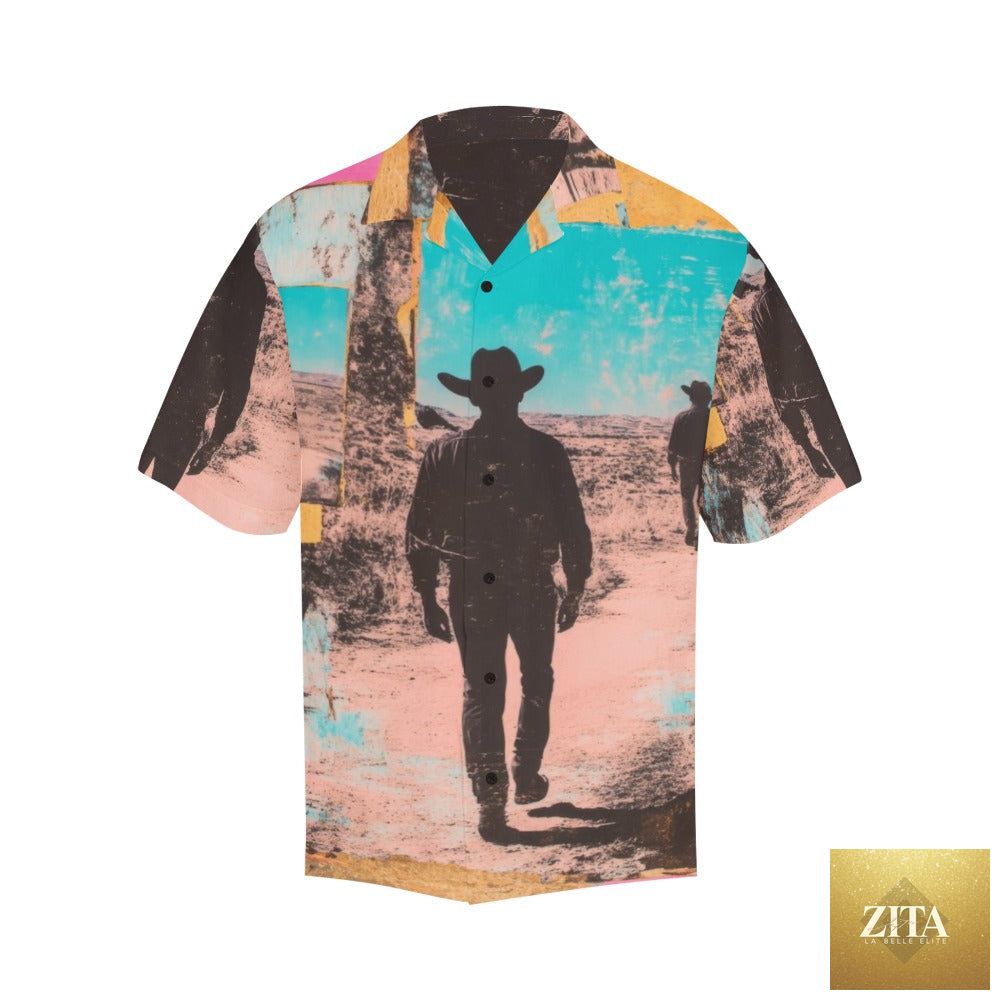 Retro Pop Western Mystery Cowboy men's camp shirt from Baha Ranch Western Wear, featuring a vintage-inspired cowboy design.