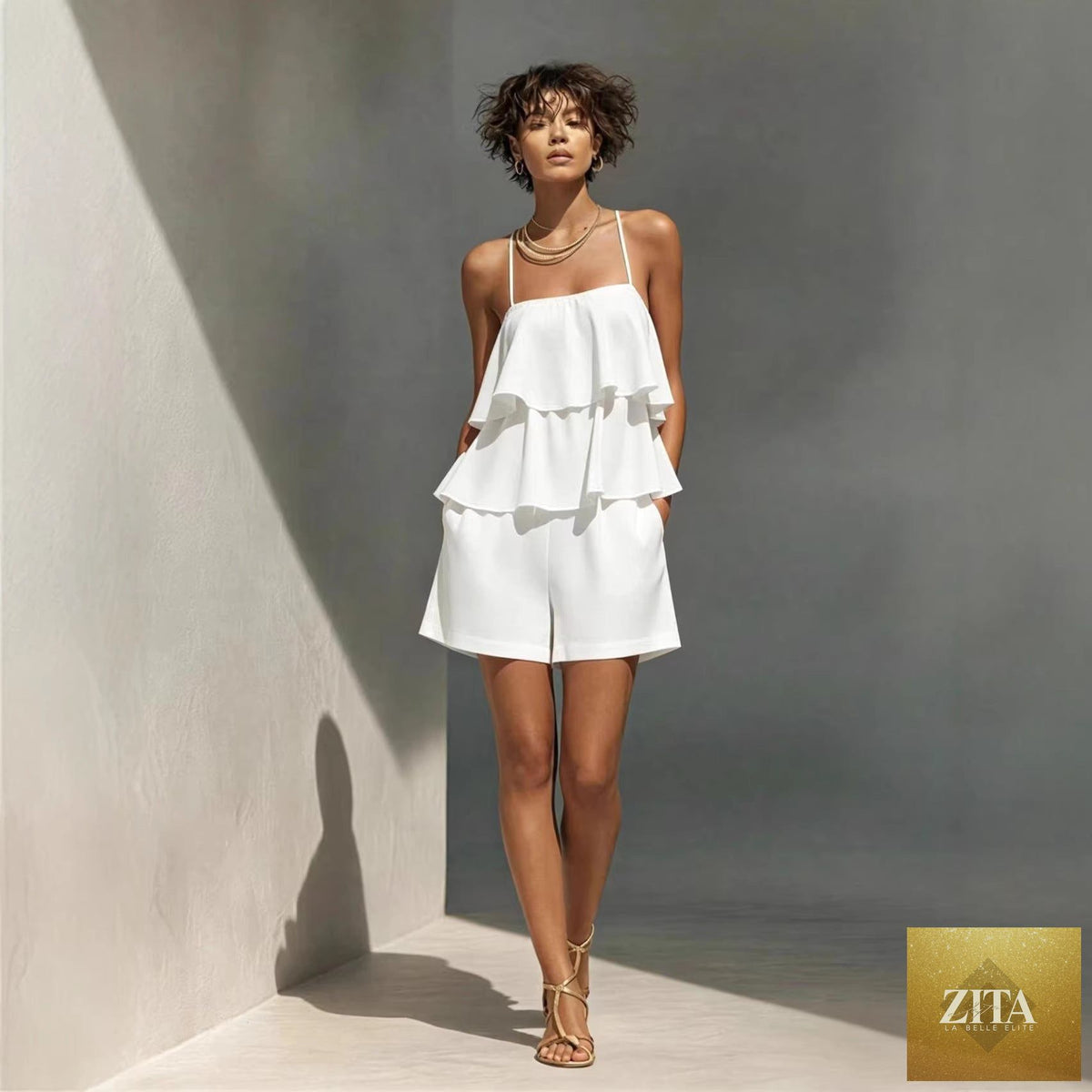 Women's multi-layer ruffle camisole and shorts set by Zita La Belle Elite, casualwear with ruffled details and comfortable fit.