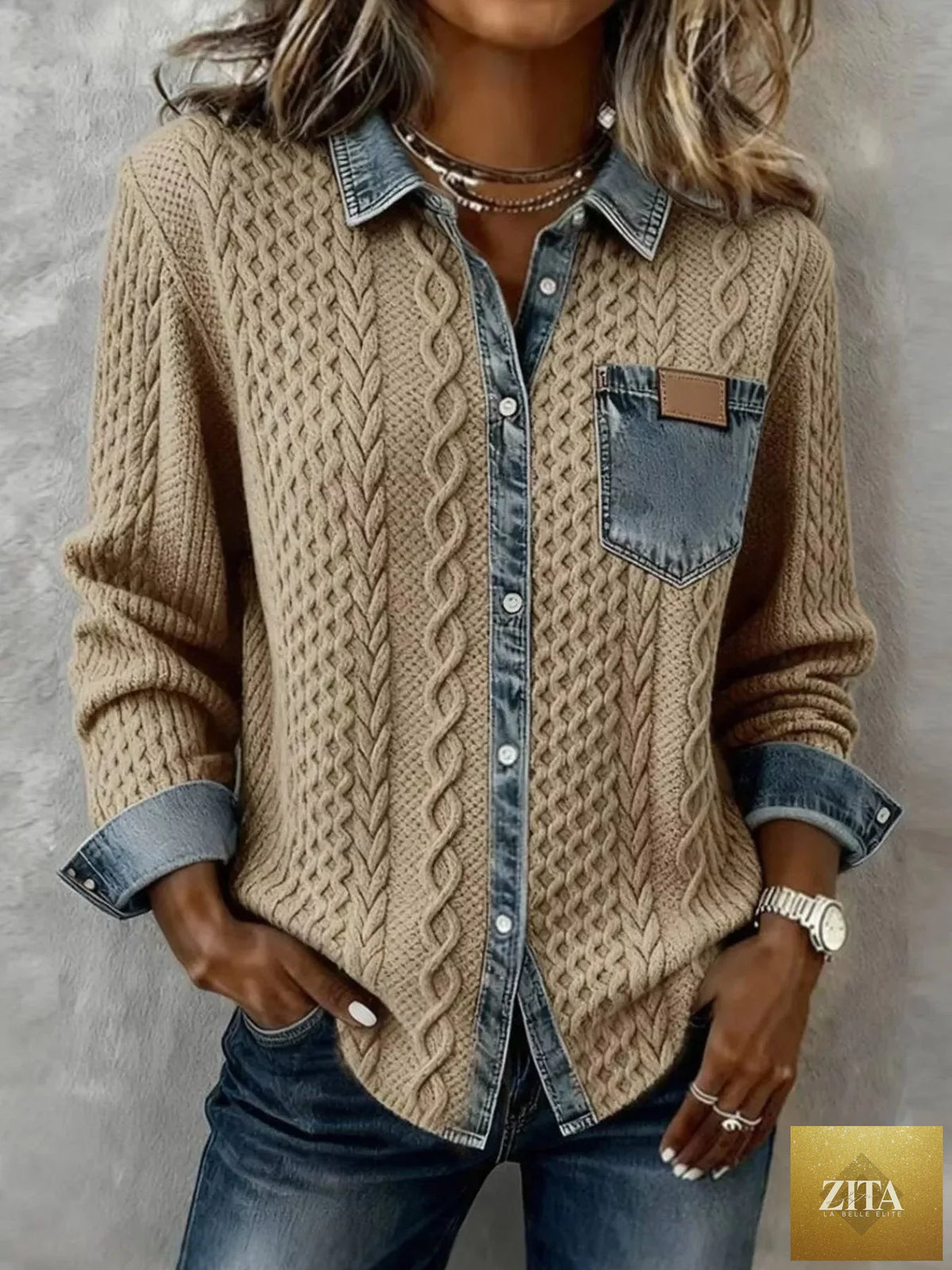 Denim Trim Cable Knit Cardigan