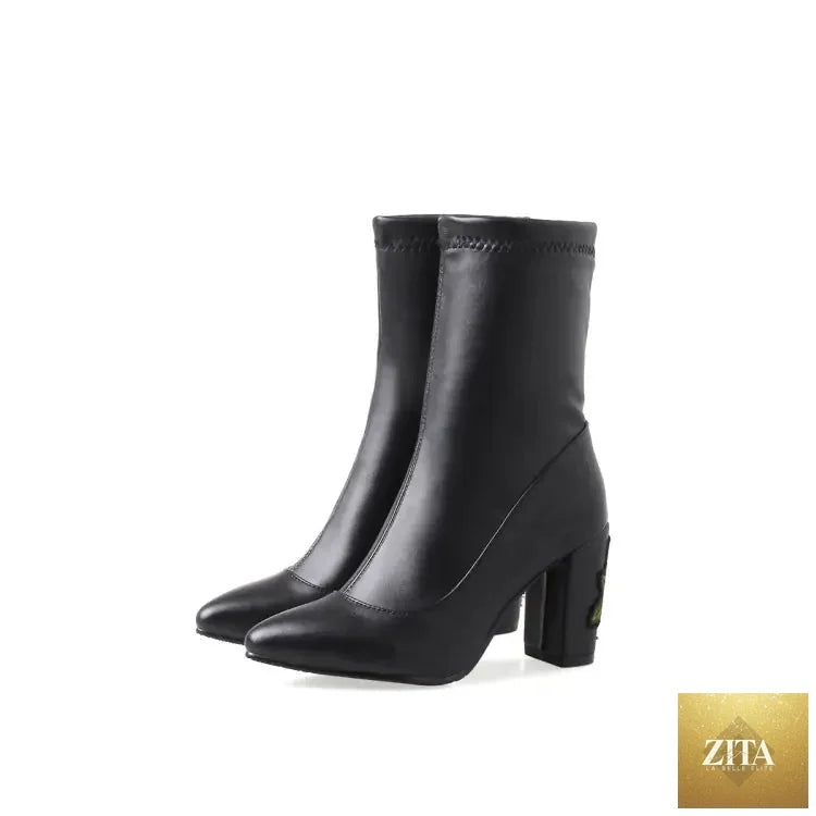 Gray embroidered ankle boots with chunky heels for women, stylish footwear by Trendy Attic Store01.