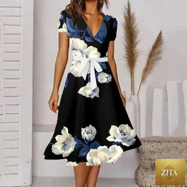 Women's sexy V-neck A-line dress with belted waist from Trendy Attic Store01, showcasing a stylish, flattering fit and elegant design.