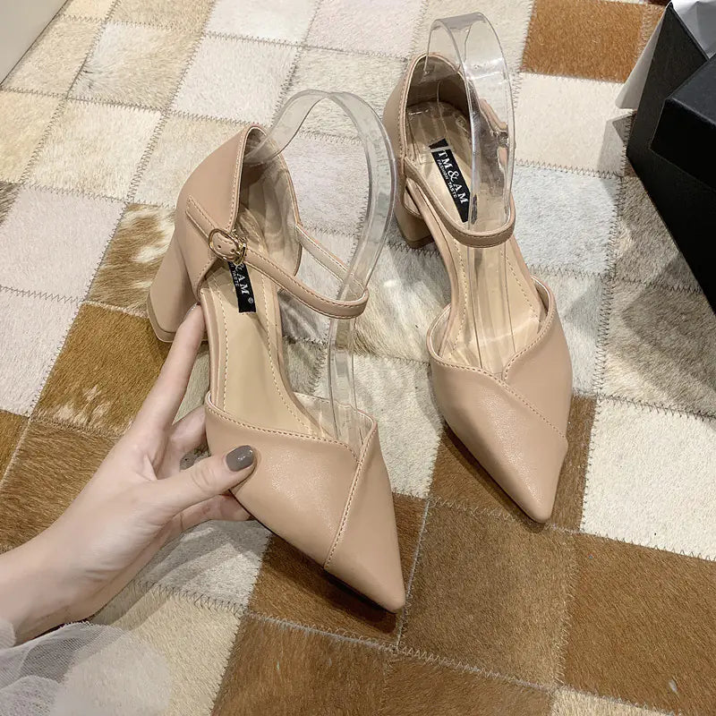 Women’s pointed toe high heels with thick heels from Trendy Attic Store01, showcasing sleek design and stylish silhouette.