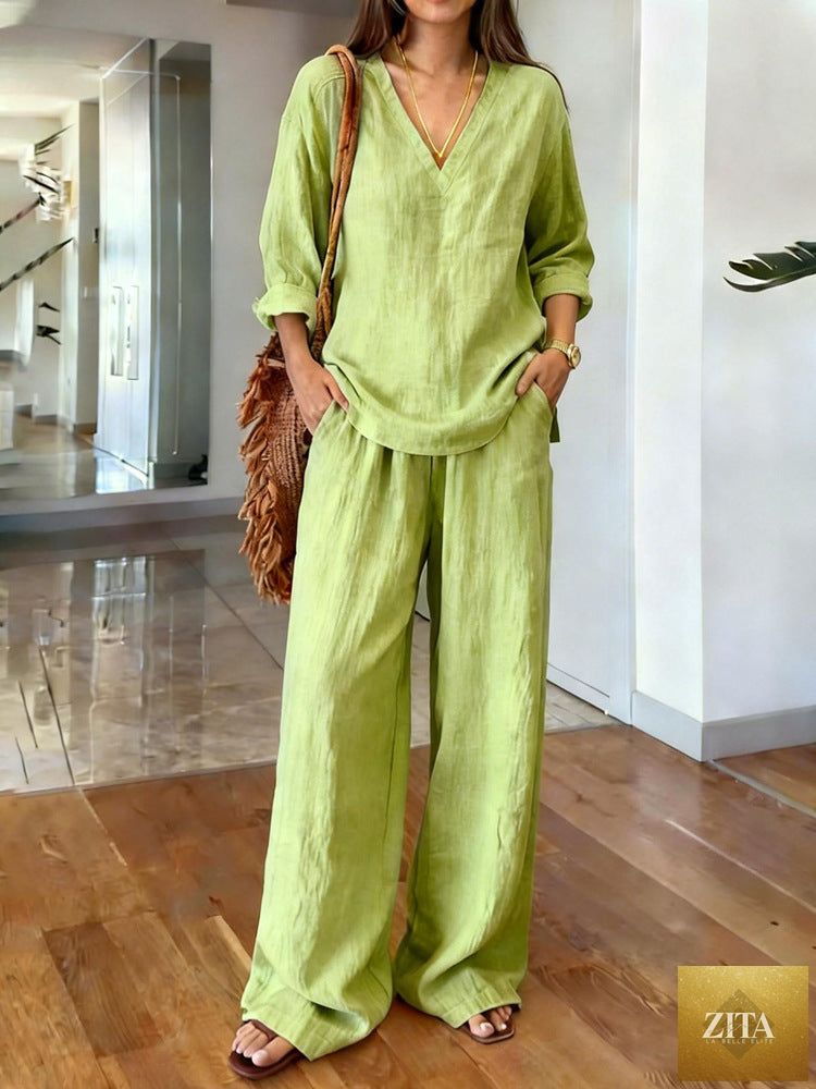FitiqueFit long sleeve top and full-length pants two-piece set in various colors, featuring comfortable, casual style.