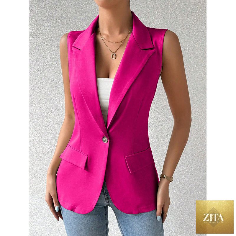 Women's sleeveless blazer vest by FitiqueFit, casual open-front work jacket with a stylish, professional look for office wear.