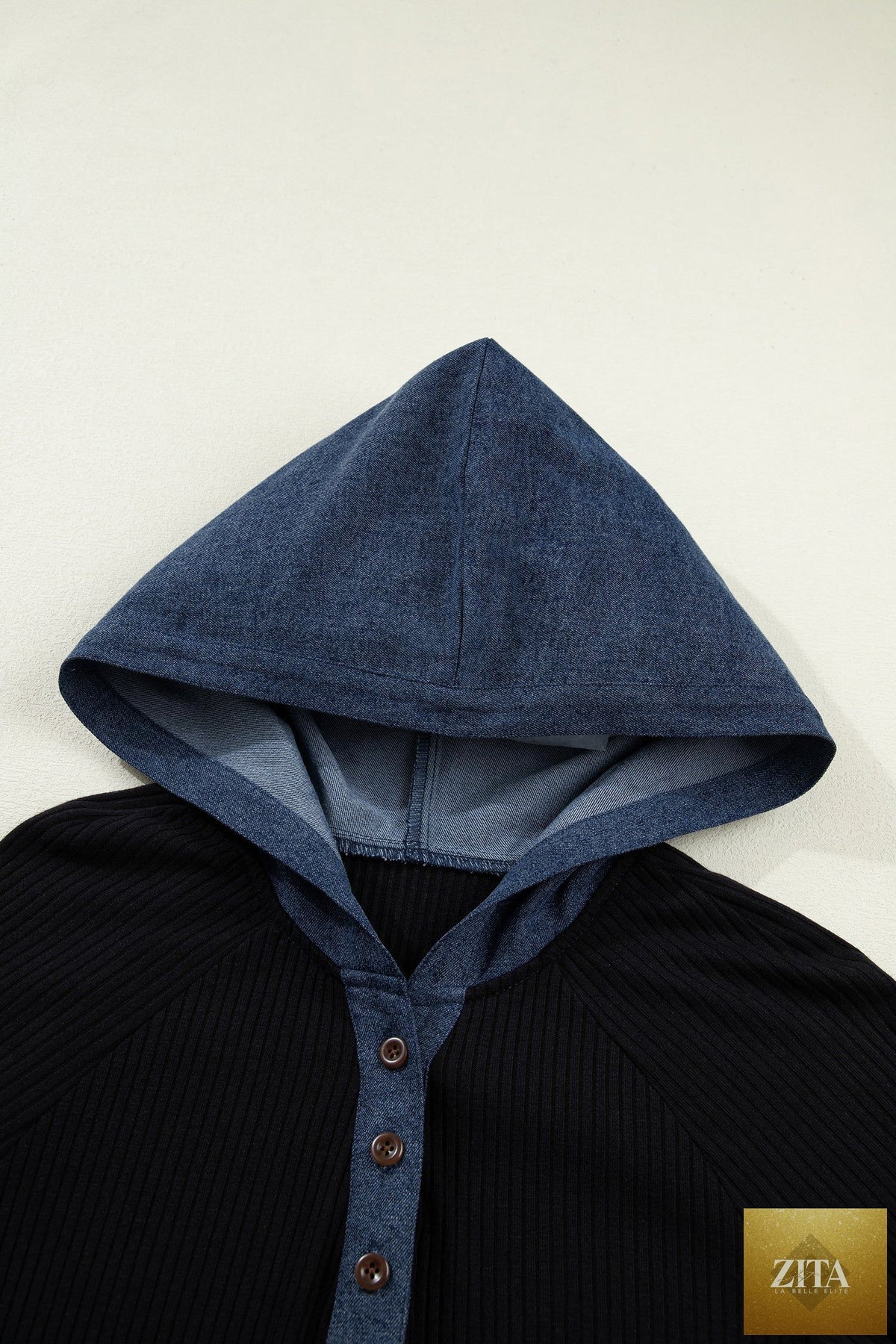 Black Ribbed Knit Contrast Denim Patchwork Hooded Long Sleeve Top