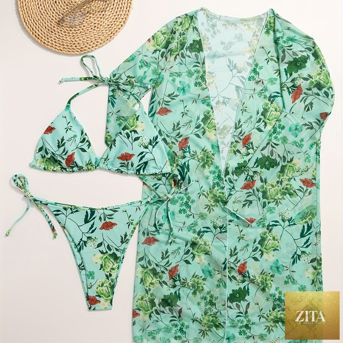 Stevvex European style floral print 3-piece bikini set with V neck, cross straps, and matching long sleeve cover-up for summer beach.