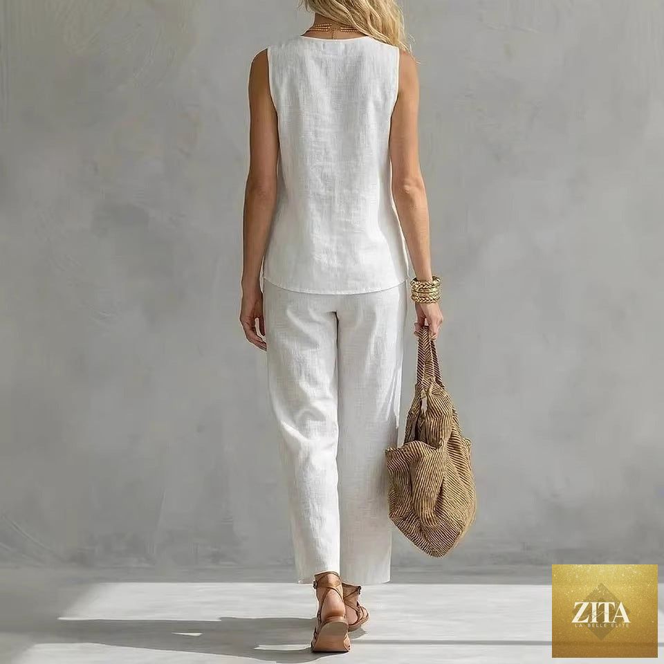 Zita La Belle Elite women's sleeveless V-neck top and full-length pants two-piece casualwear set, in soft fabric, neutral color.