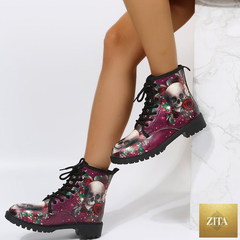 Mandotos women's workwear boots with large Halloween cartoon print, high-top style, featuring colorful spooky character patterns.