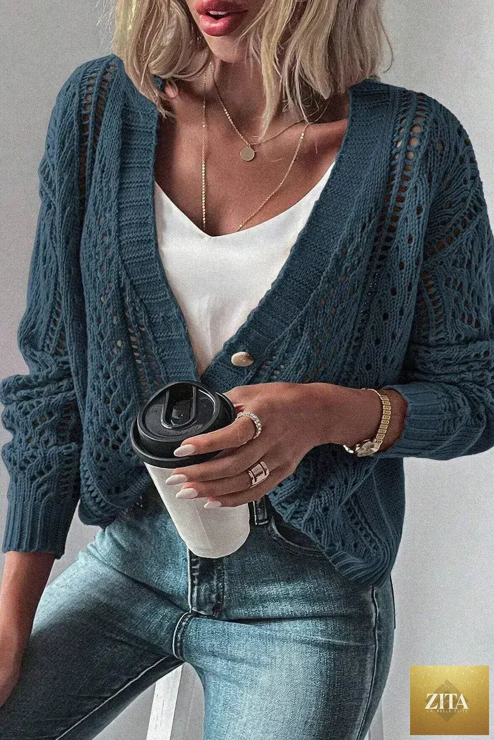 Dark khaki open-knit cardigan sweater by Femstylo with drop shoulder design, cotton-acrylic blend, casual and cozy fit.