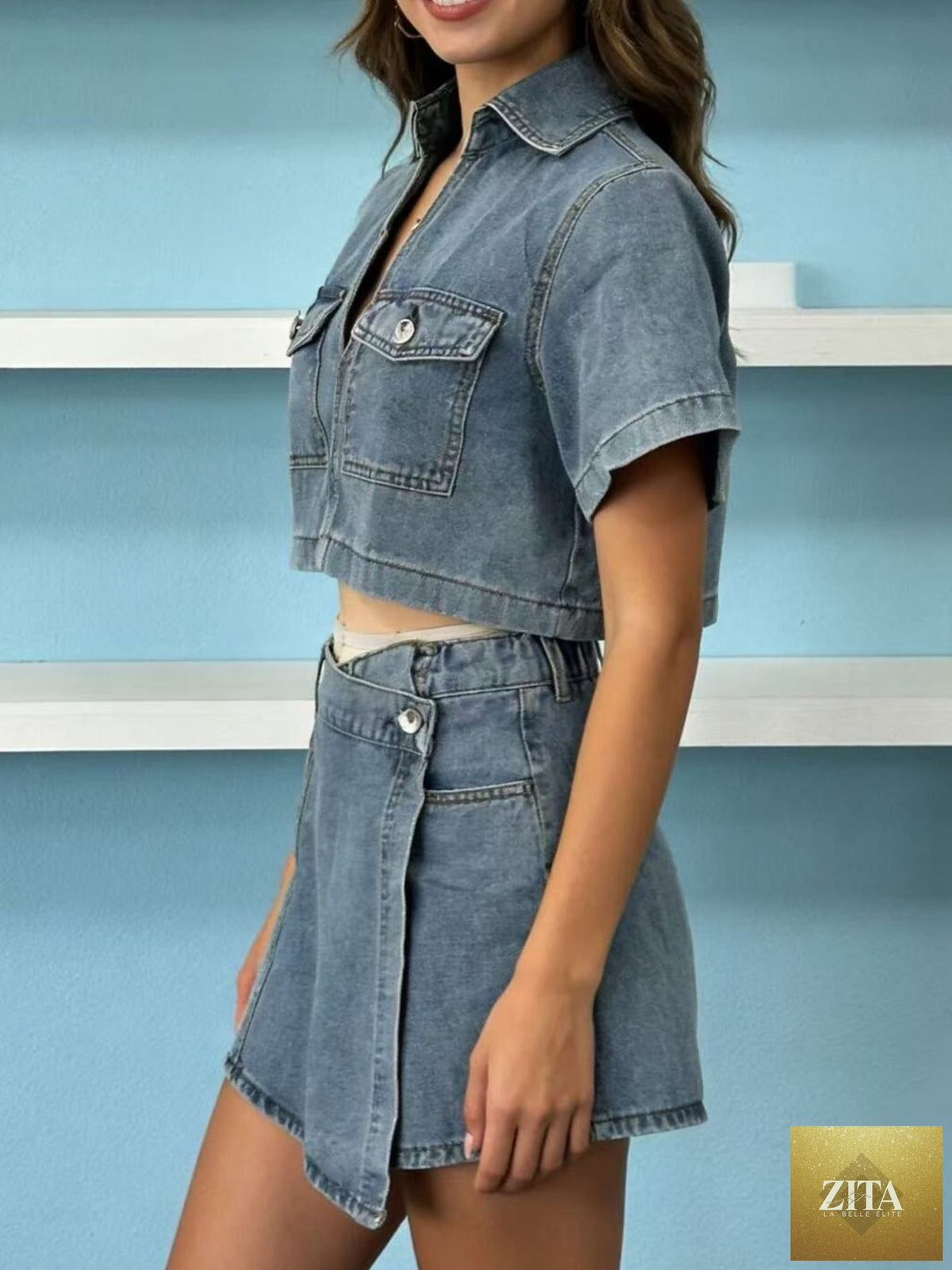 Wild and Free Boutique denim short sleeve cropped top and skort set, stylish and casual for warm-weather wear.