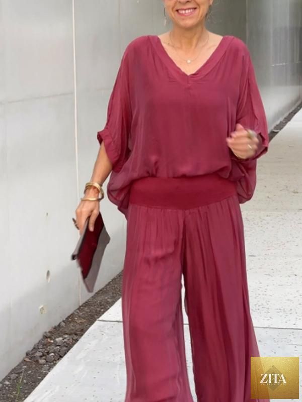 Zita La Belle Elite solid-color chiffon two-piece casualwear set in various colors, featuring a relaxed fit for women.