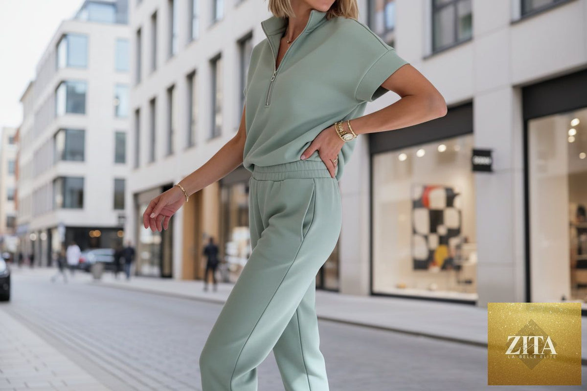 Zita La Belle Elite athleisure knit 3/4 sleeve t-shirt and pants set in three colors, casualwear, available in sizes S to 3XL.