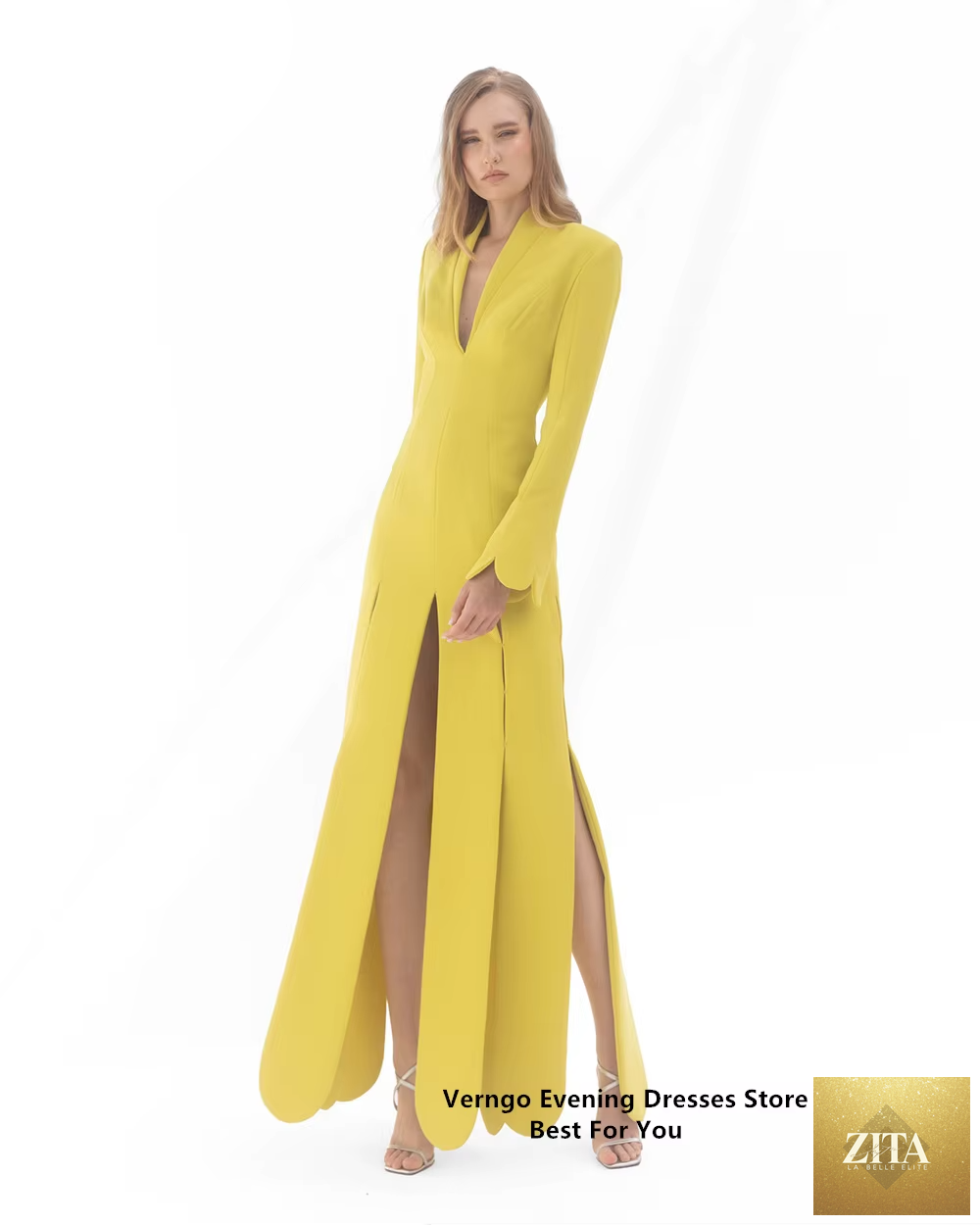 Yellow satin long sleeve formal gown with V-neck and split A-line design by SMinvite, LLC, featuring a flowing silhouette.