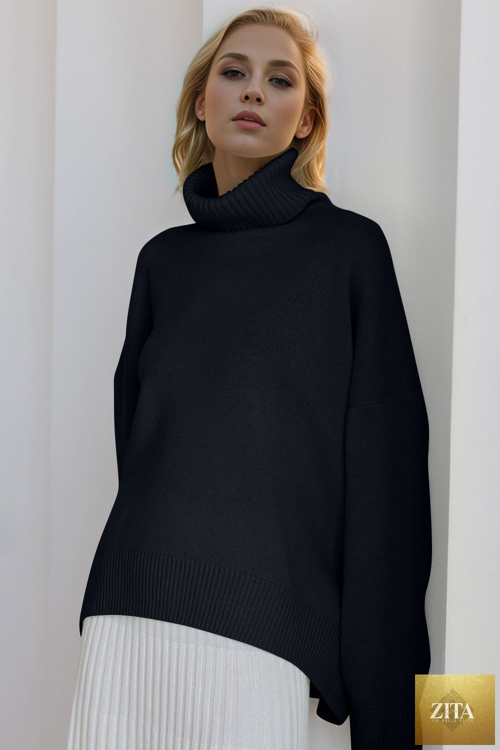 ShopBasicbae Basic Bae turtleneck sweater with dropped shoulders and long sleeves, shown in a soft, comfortable knit fabric.