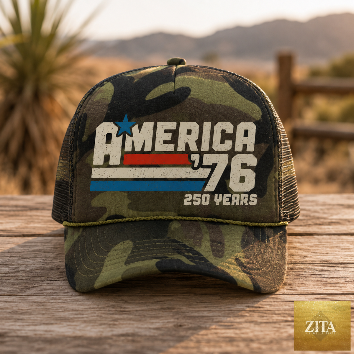 Carry Girl Gear America '76 Trucker hat in camouflage, limited edition celebrating 250 years, featuring a classic trucker cap design.