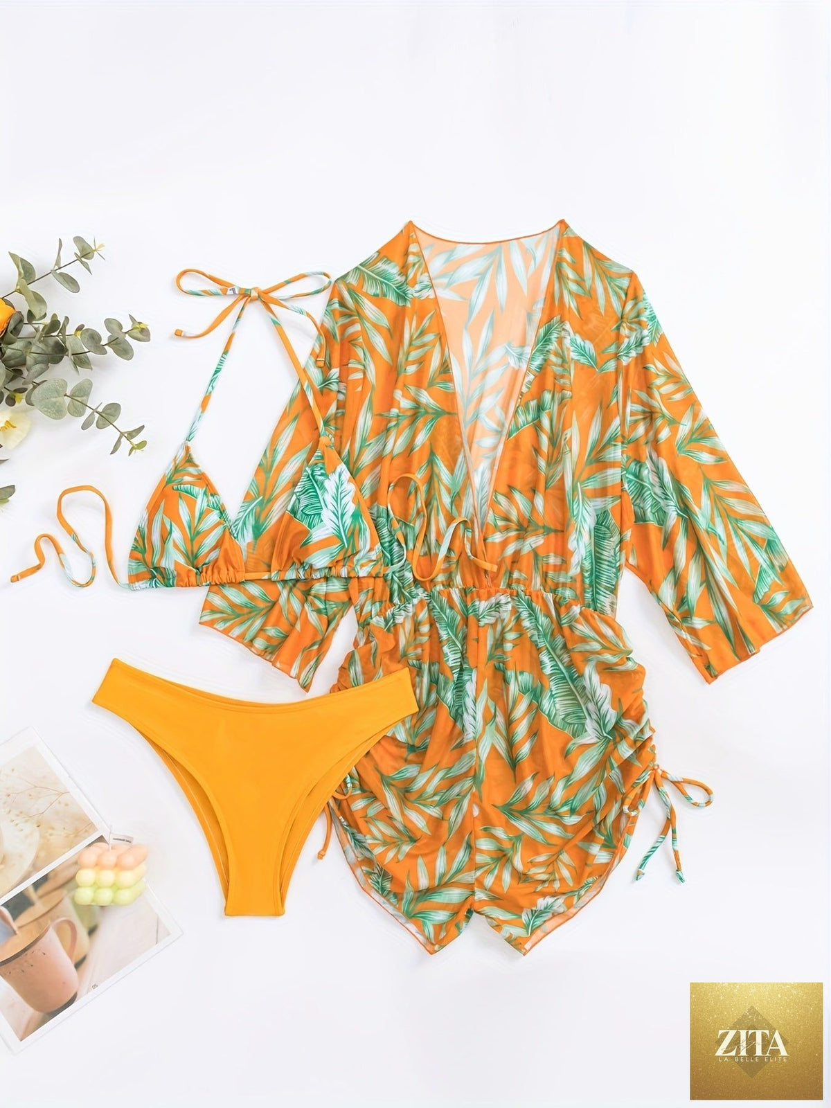 Stevvex Island Bloom 3-piece bikini set for women with tropical leaf print, halter top, high waist bottoms, and adjustable cover-up.